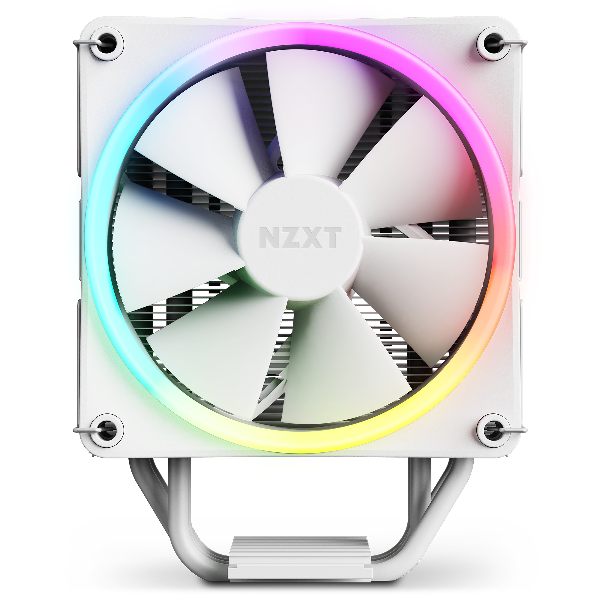 The NZXT T120 RGB is a white computer cooling fan with edge RGB lighting, a round central hub, and seven large blades, mounted on a square frame with four visible screws for improved thermal performance.