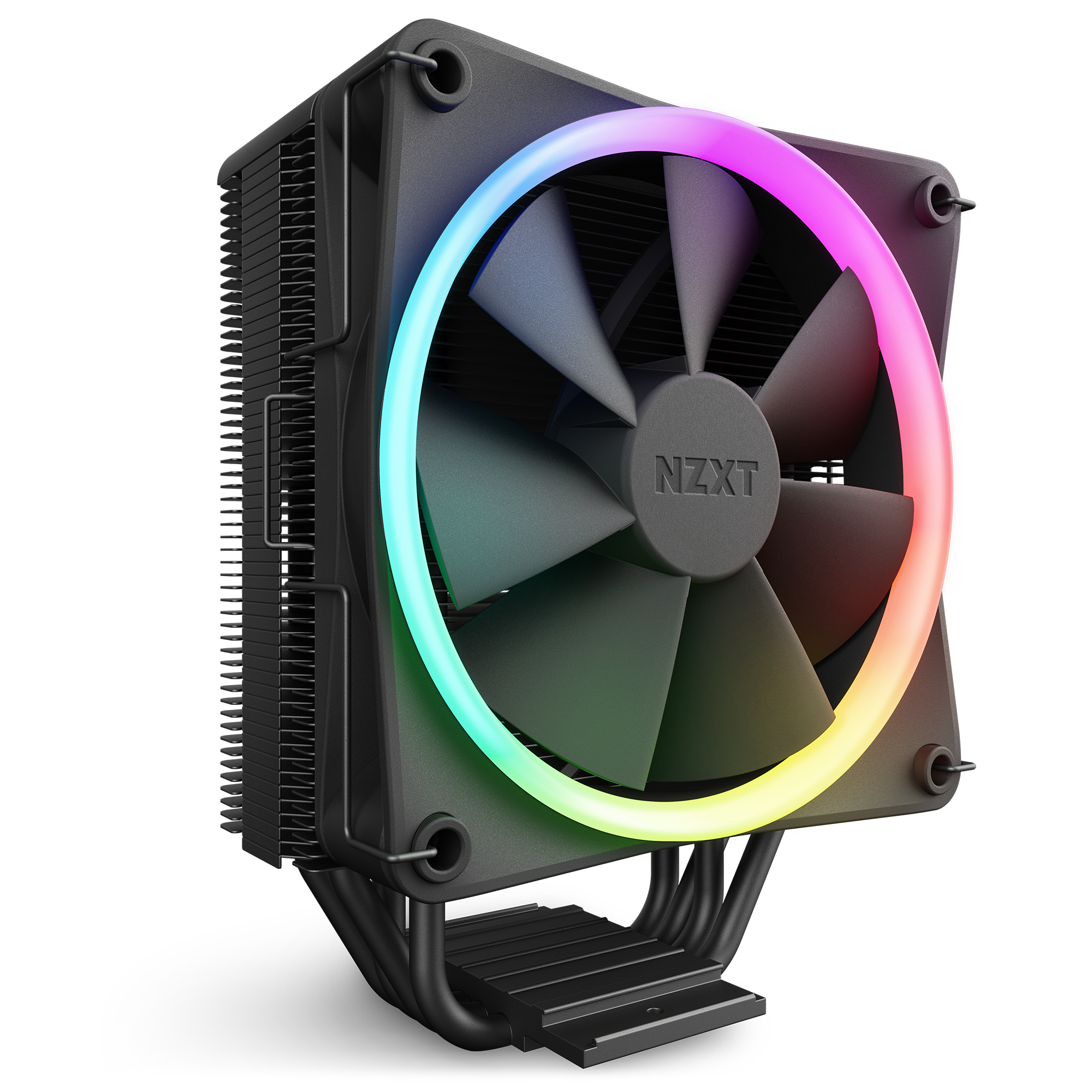 The NZXT T120 RGB is a black air cooler featuring a large fan and circular RGB LED lighting, displaying a vibrant gradient of colors around the fan’s edge for enhanced visual appeal.
