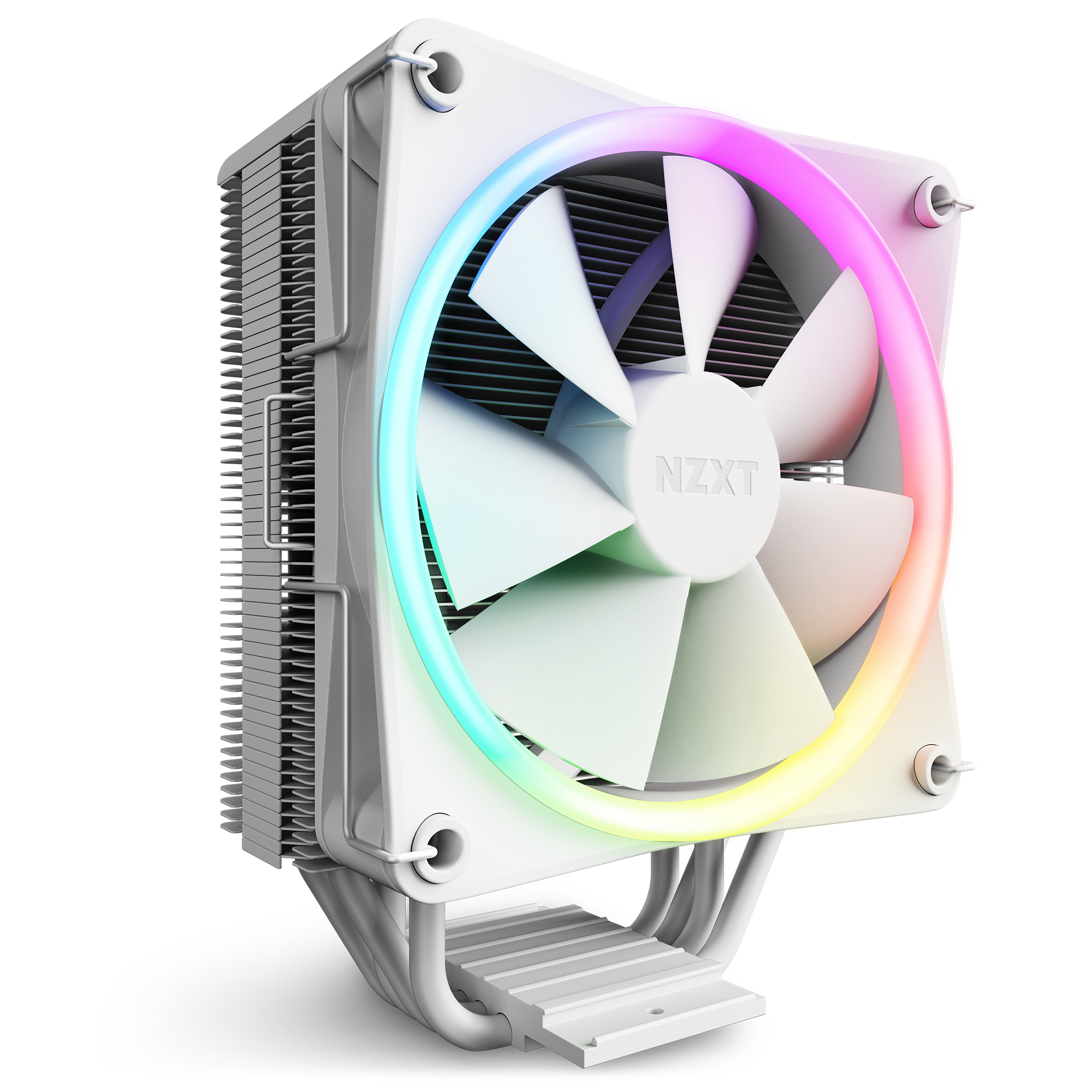 The NZXT T120 RGB is a white air cooler with RGB lighting around its seven-blade fan and large heatsink fins for exceptional thermal performance.