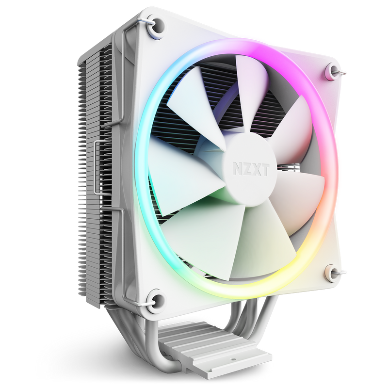 The NZXT T120 RGB is a white air cooler with RGB lighting around its seven-blade fan and large heatsink fins for exceptional thermal performance.