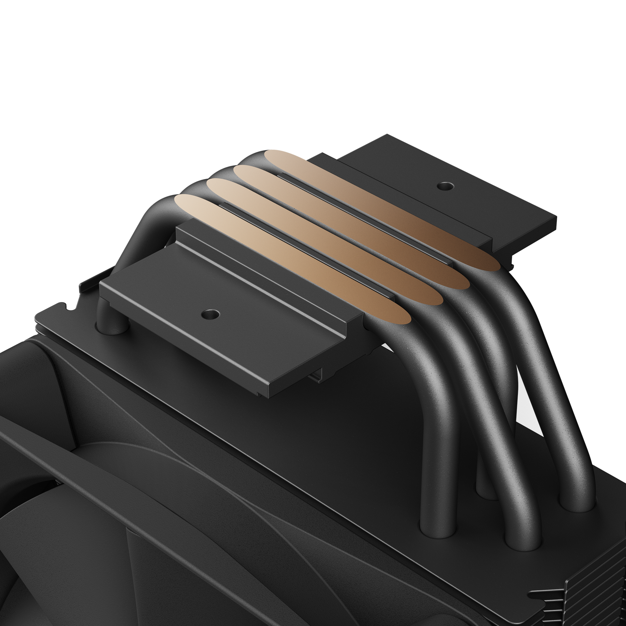 Close-up of the NZXT T120 RGB black air cooler CPU, featuring four exposed copper heat pipes and mounting brackets, set against a black background for optimal thermal performance.