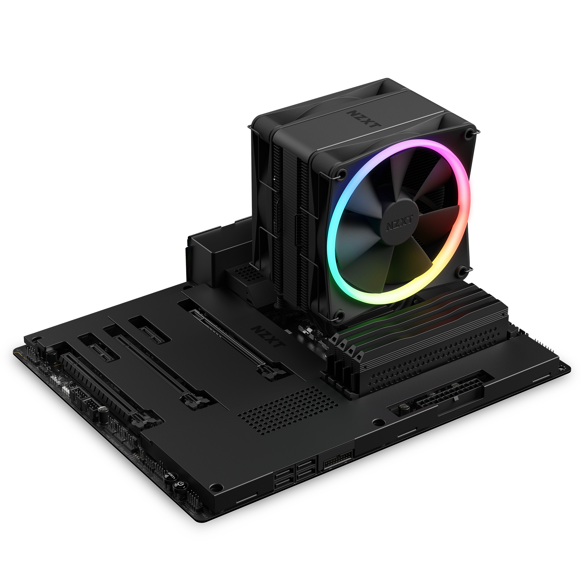 A black computer motherboard with a large NZXT T120 RGB CPU air cooler, featuring a circular RGB-lit fan over the CPU socket for improved cooling, alongside several RAM sticks. All components are displayed on a black background.