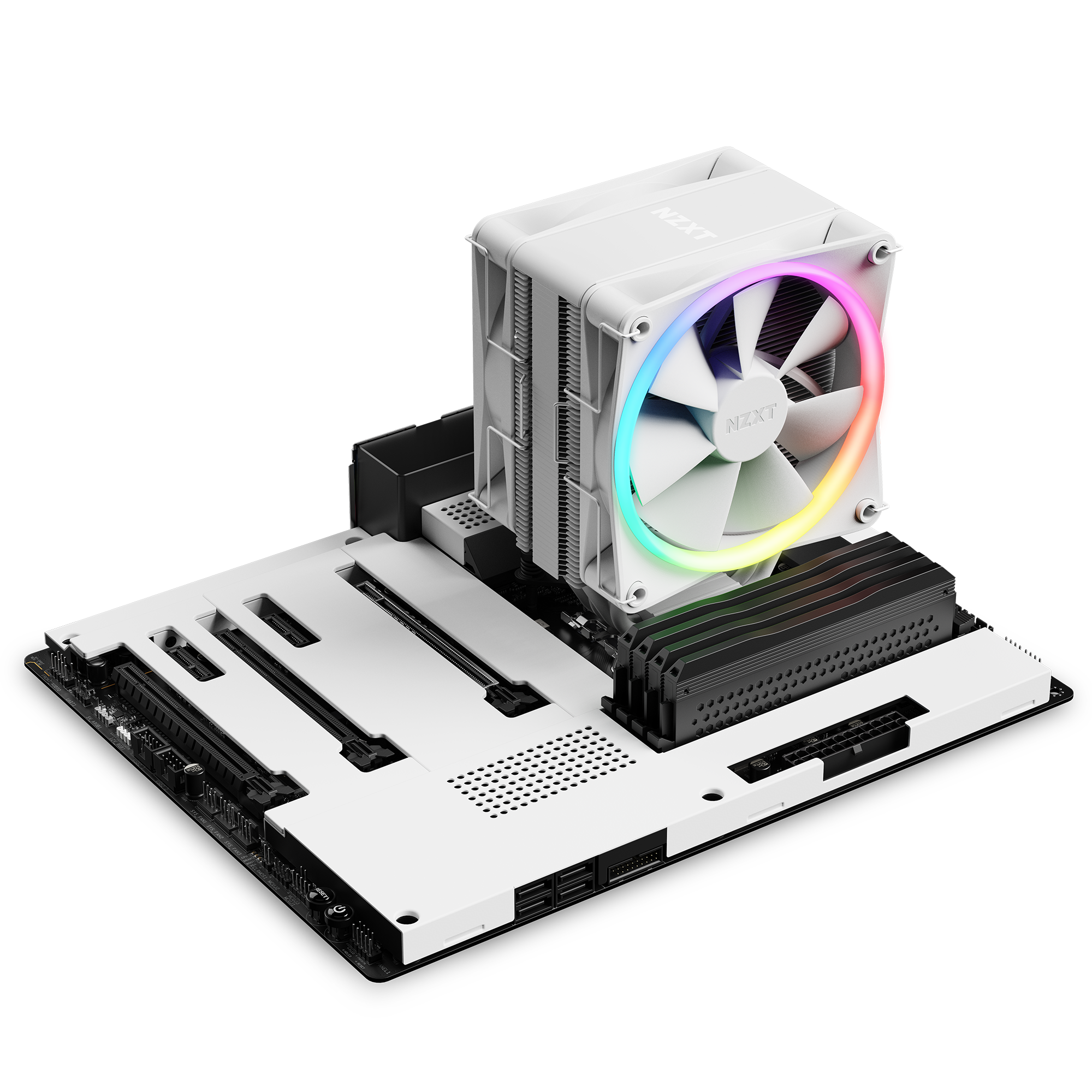 A white computer motherboard with multiple RAM sticks and an NZXT T120 RGB air cooler showcases vibrant RGB lighting on the fan, delivering eye-catching style and excellent thermal performance against a clean white background.