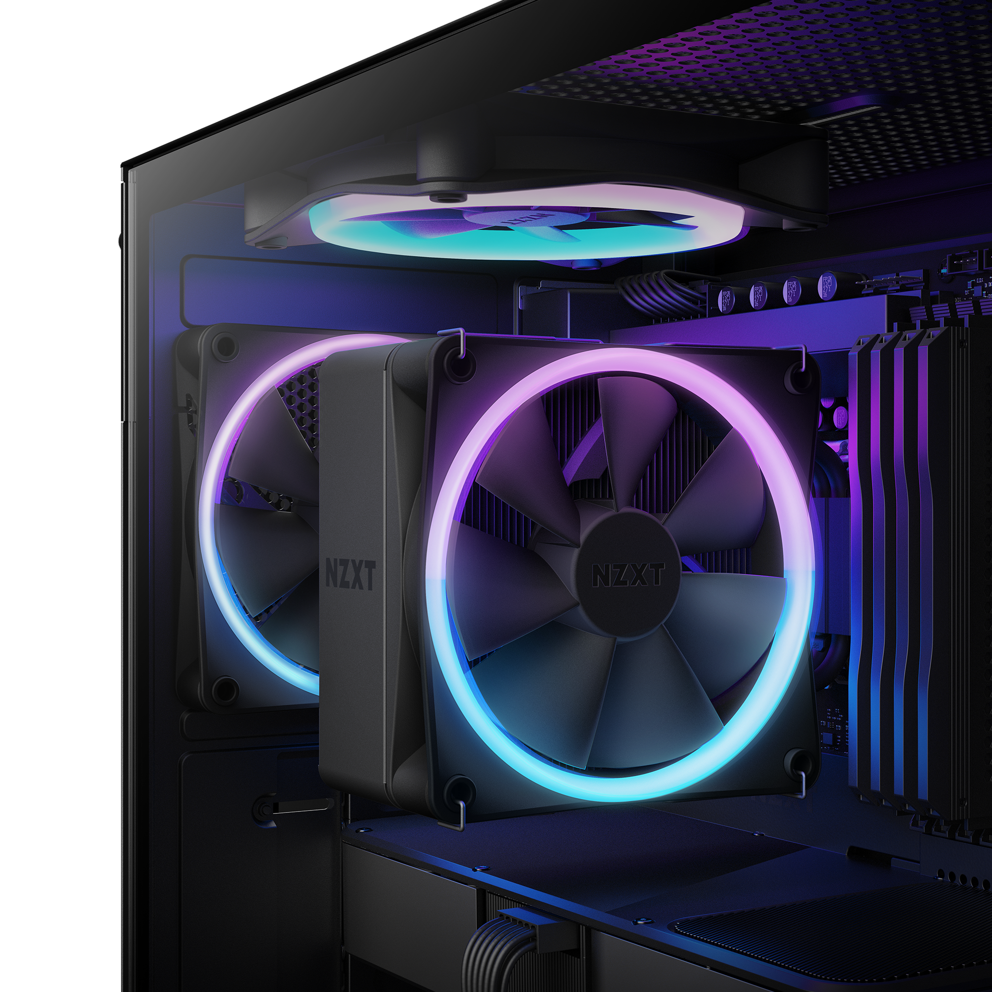 Close-up of a sleek black PC case with NZXT T120 RGB cooling fans on the motherboard. Vibrant blue, purple, and pink lighting enhances the look and boosts air cooler thermal performance for high-end gaming setups.