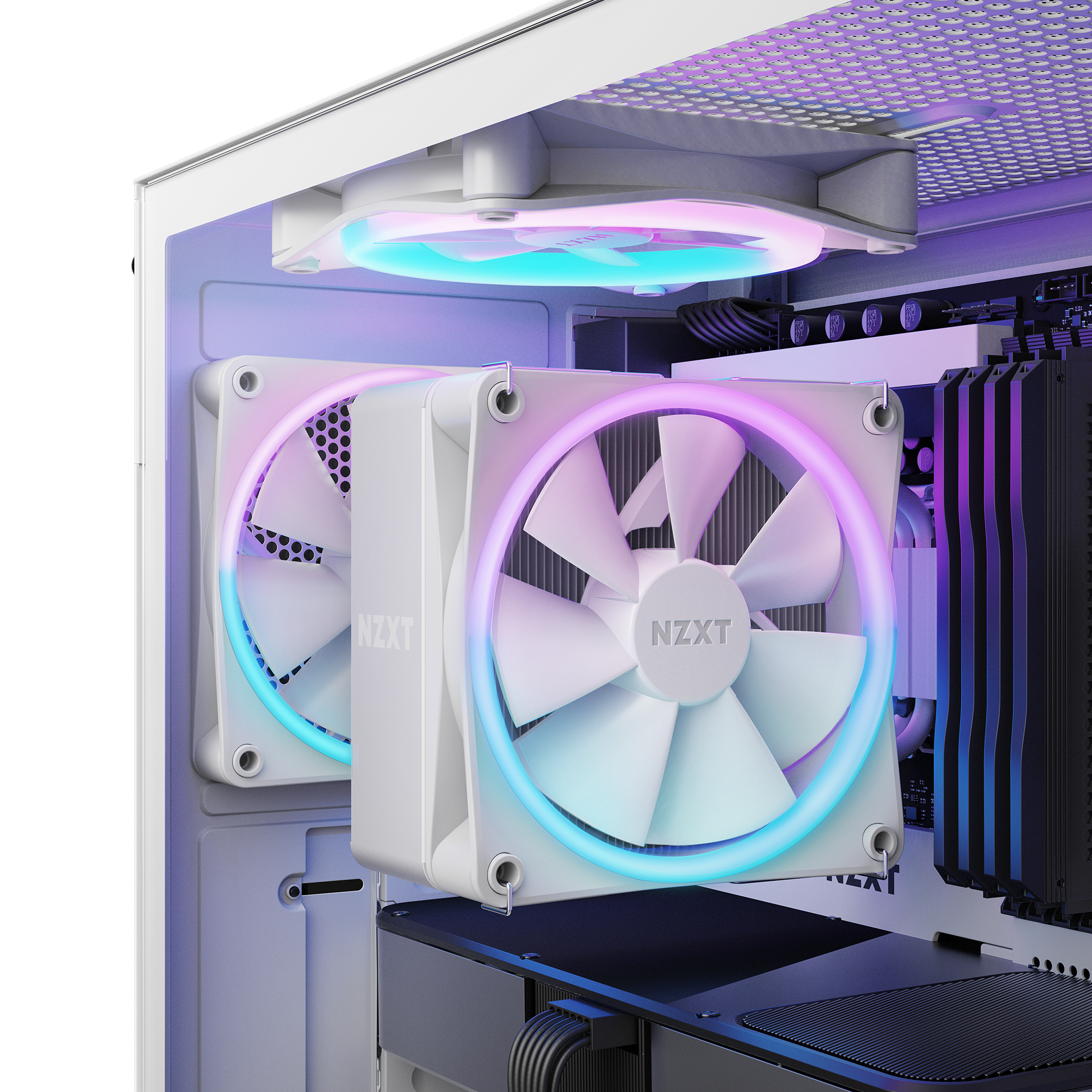 Close-up of a white PC case interior featuring the NZXT T120 RGB air cooler and soft pastel RGB lighting, showcasing tidy, modern hardware components and enhanced thermal performance.