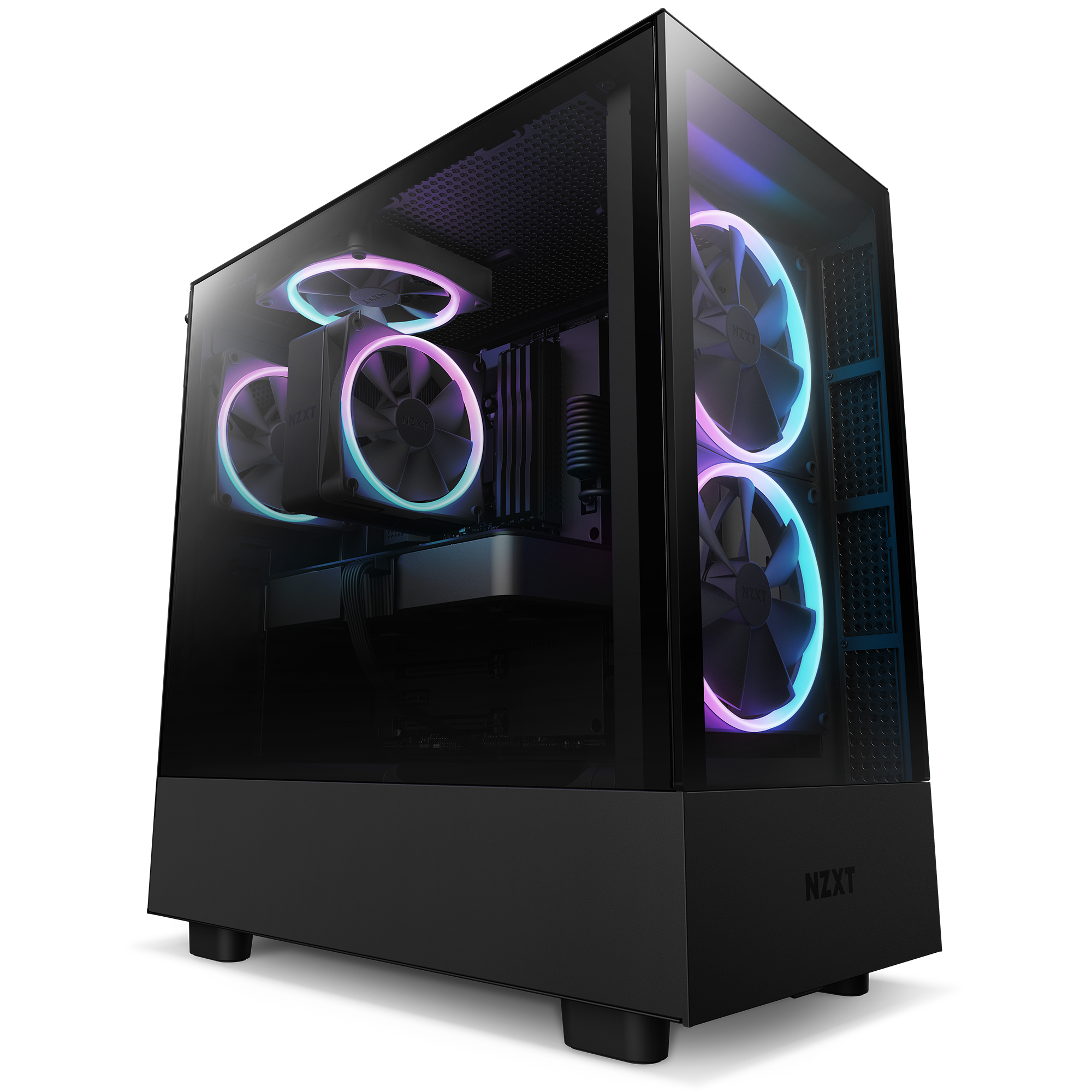 The NZXT T120 RGB computer case features a sleek design with a glass panel, showcasing three large RGB-lit cooling fans and internal components glowing in blue and purple for stunning style and optimal thermal performance.