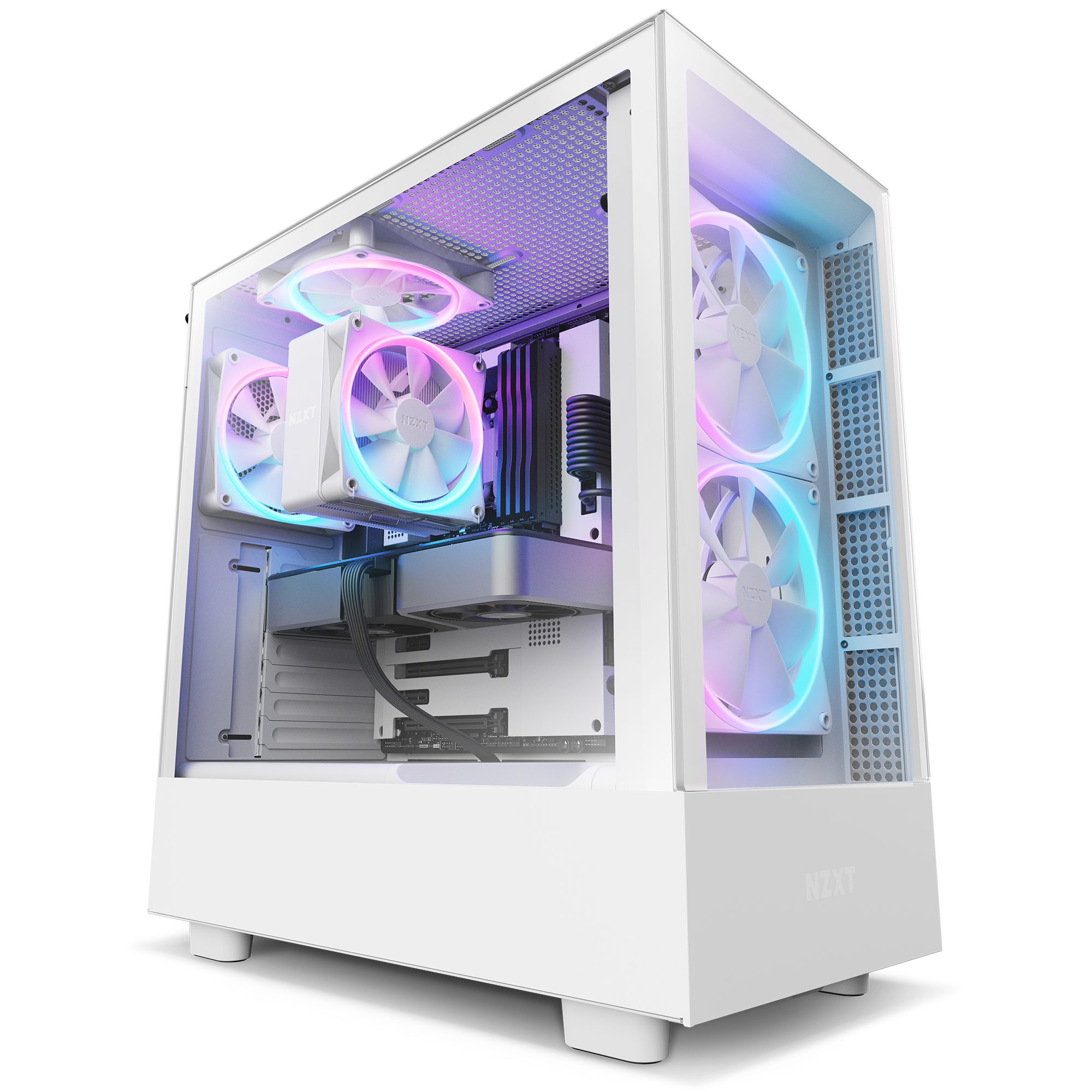 The NZXT T120 RGB computer case in white features a transparent side panel, showcasing an air cooler and RGB fans that glow blue, purple, and pink for impressive thermal performance.