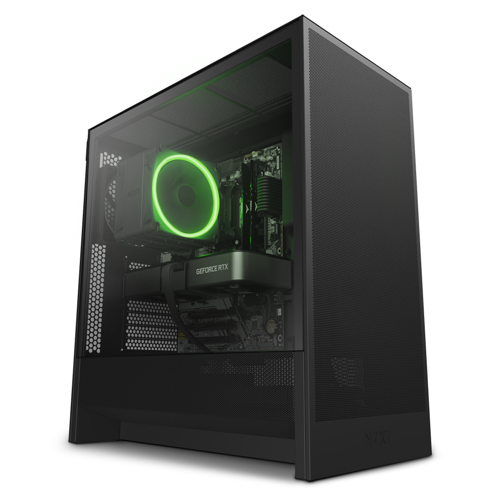 The NZXT Refurbished Player One Prime - # 8531 is a modern black gaming desktop with a transparent side panel, showcasing a GeForce RTX graphics card and green-lit cooling fan—certified refurbished for top performance at great value.