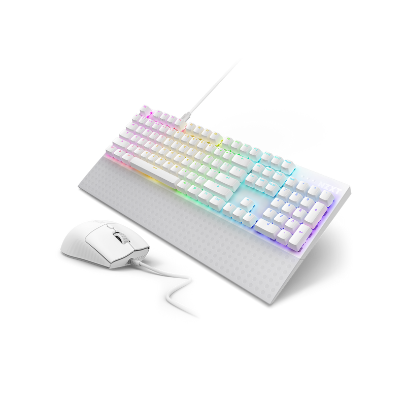 The NZXT Function 2 + Lift 2 Ergo set features a white keyboard with Swift Optical Switches and RGB keys, paired with a matching mouse on a white textured mat, all set against a striking black background.