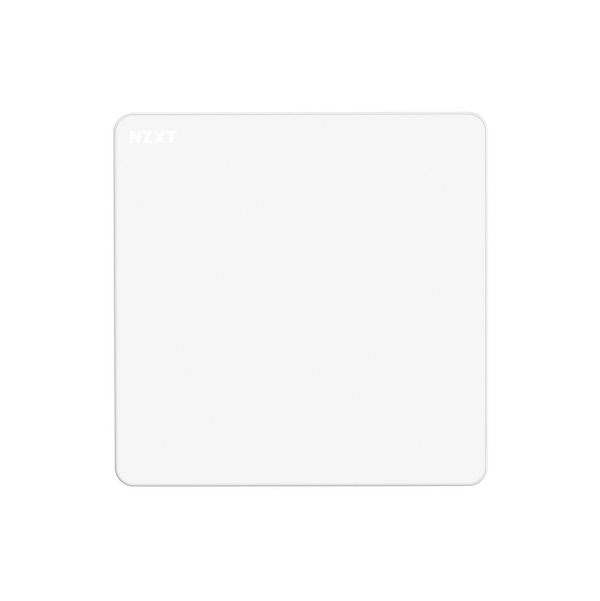 The NZXT Zone is a white, square mousepad with rounded corners and the NZXT logo in the top left corner. Shown on a white background with a soft shadow, it features a spill-resistant coating for extra durability.