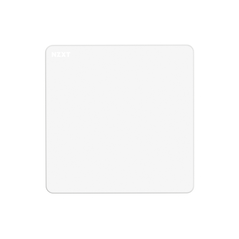 The NZXT Zone is a white, square mousepad with rounded corners and the NZXT logo in the top left corner. Shown on a white background with a soft shadow, it features a spill-resistant coating for extra durability.