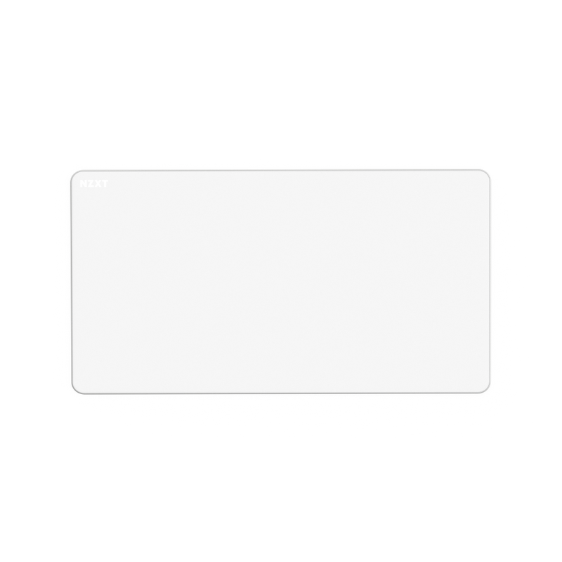 A blank, white rectangular Zone XL card by NZXT with rounded corners and a subtle shadow displays NEXT in small, light gray text at the top left and rests elegantly on a balanced micro-weave cloth.